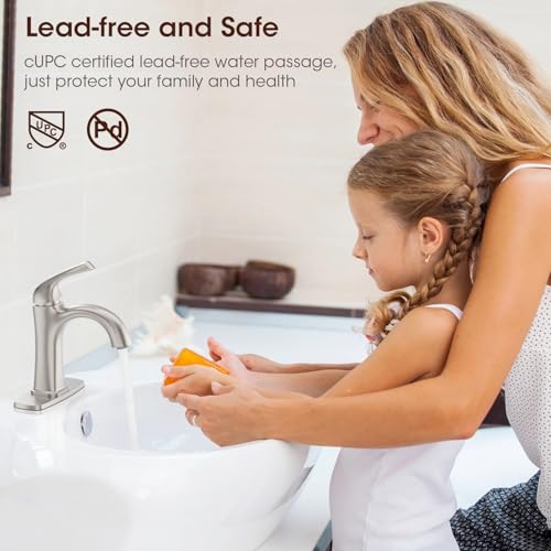 Brushed Nickel Single Hole Bathroom Faucet, Single Handle Brass Bathroom Sink Faucet, Lavatory Vanity Faucet for 1 or 3 Holes, Bathroom Faucets with Pop Up Drain and Supply Lines, Deck Plate - color: A-Brushed Nickel
