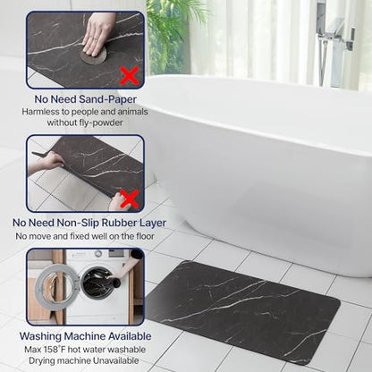 Aureo Super Absorbent Diatomaceous Bath Mat, Quick Dry, Soft Non-Slip Rug for Bathroom, Kitchen, Entryway, Easy Clean, Marble Design, 27.55" x 15.74", Black - color: Black