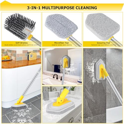 Bathtub Cleaning Brush Long Handle, Shower Bathroom Cleaner Brush Scrubber | 3 Different Detachable Scrub Brush Replacement Head for Scrubing Bathroom Floors, Tubs, Tiles, and Kitchen Walls - color: Yellow