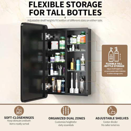 24x32 Black Medicine Cabinet with Mirror, Recessed & Surface Mount | Bathroom mirror with storage: 6 adjustable shelves fit tall bottles; DTC soft-close hinges; rust-resistant aluminum - size: 24" x 32"