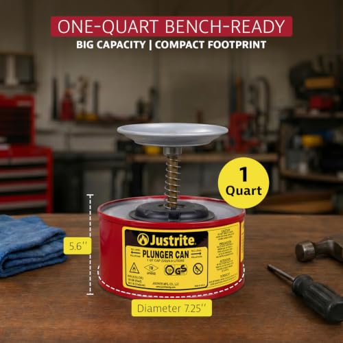 Justrite Plunger Can for Solvents, 1 Quart Capacity, Made in the USA, Red | 5.6" x 7.25", Solvent Dispenser Can, Galvanized Steel, Flame Arrester Screen, FM Approved