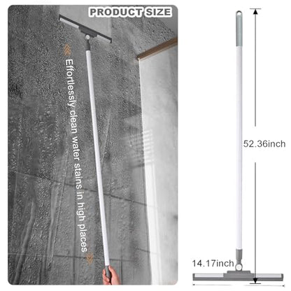 Floor Squeegee Broom - 52" Long Handle Rubber Scrubber for Bathroom, Tile, Shower, Glass, Pet Hair, Hardwood Floor - Adjustable Long Handle, Water Wiper with Replacement Blade (White) - color: White