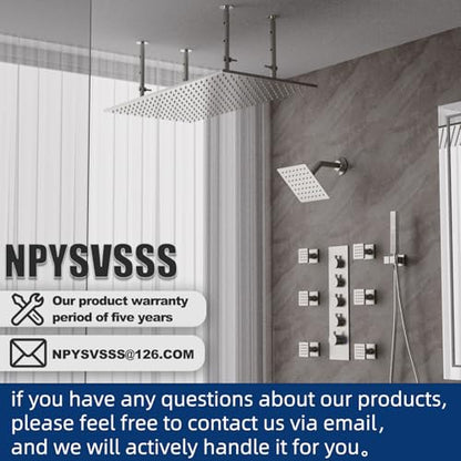 Dual Shower Heads System 16"x32" Ceiling Mount Rainfall and 6" Wall Mounted Shower Heads with 6 body Jets Thermostatic Shower Valve Full Body Shower System,Brushed Nickel - color: Brushed Nickel