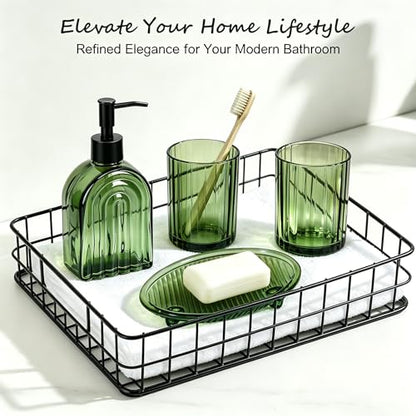 YYTSGG Green Glass Accessories Set, 4PCS Bathroom Set | Modern Countertop Vanity Organizer Set include 13.5oz Lotion Soap Dispenser, Toothbrush Holder, Tumbler & Soap Dish - color: Green