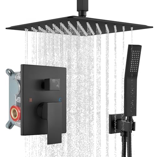 gotonovo Ceiling Shower System with Handheld Matte Black,10 inch Head | Ceiling Mount Bathroom Shower Faucet Set,SUS304 Rainfall Head and Handle Set Combo,Brass Valve Trim Kit,All Metal - color: Black, size: 10 inch Head