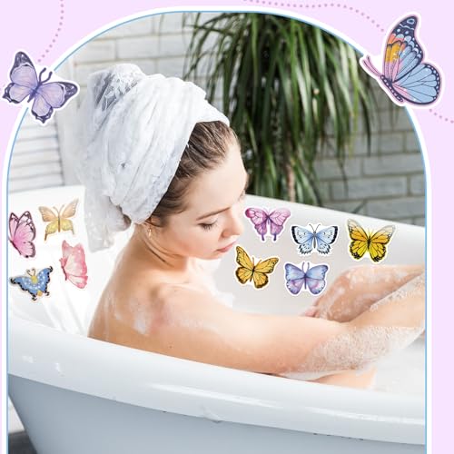 Yaomiao 24 Pcs Butterfly Non Slip Bathtub Stickers with Scraper | Shiny, Sparkle, Glitter, Peva, 4.53inch, Easy Apply, No Residue, for Bathroom, Shower Stairs Floor, Safety, Cute, Grip - style: Butterfly