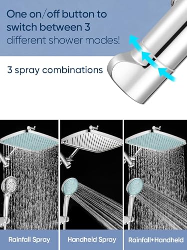 12 Inch Rain Shower Head - High Pressure Shower Head, Dual Shower Heads with 8 Modes Handheld Spray Combo - Upgrade Extension Arm Height Adjustable, Chrome