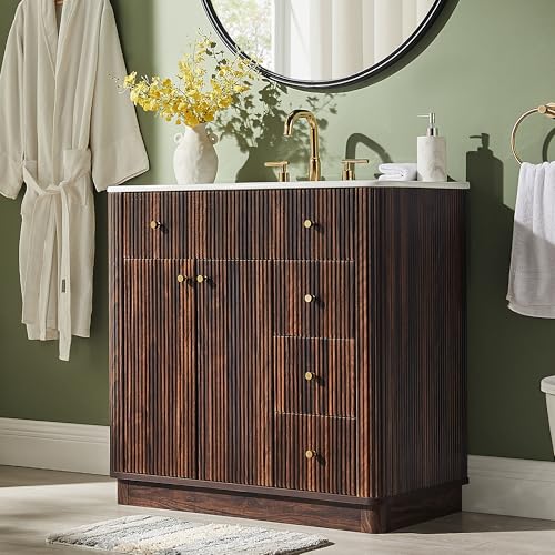 T4TREAM 36" Fluted Bathroom Vanity with Single Sink, Dark Walnut | Integrated Ceramic Sink, Large Storage Cabinet, Adjustable Shelf, 3 Drawers, Three pre-drilled faucet holes, Mid-Century - color: Dark Walnut, size: 36" (Single Sink)