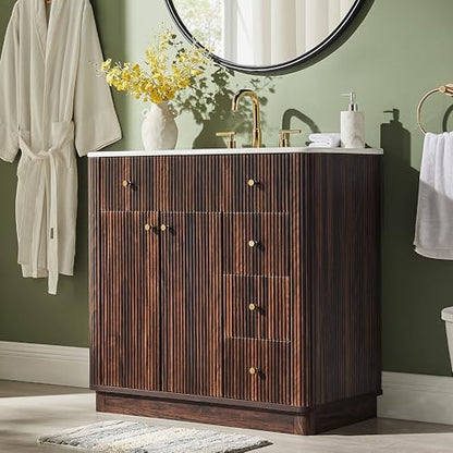 T4TREAM 36" Fluted Bathroom Vanity with Single Sink, Dark Walnut | Integrated Ceramic Sink, Large Storage Cabinet, Adjustable Shelf, 3 Drawers, Three pre-drilled faucet holes, Mid-Century - color: Dark Walnut, size: 36" (Single Sink)