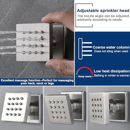 Thermostatic Shower System with 14x20 Inch Ceiling Mount LED Head & 6 Inch Wall Head and Handheld Shower 4 Function Vale with body jets Can All Run Together,Brushed Nickel - color: Brushed Nickel, style: 14x20 led+6 jets
