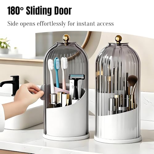 JEESA Dustproof Toothbrush Holder with Cover, Grey/White | 360° Rotating, 180° Sliding Lid, 3 Slots, Toothbrush Organizer, for Bathroom Countertop - color: Grey/White