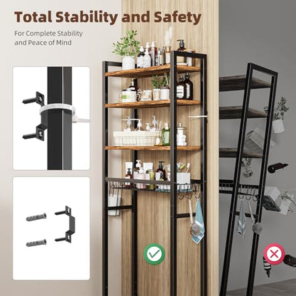 Ekisemio Over The Toilet Storage Rack, 4 Tier Over Toilet Shelf with Adjustable Feet, Freestanding Bathroom Organizer with Wooden Shelves, Hooks, Paper Holder, Vintage Brown