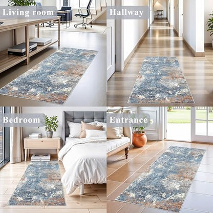 2x5 Washable Kitchen Rug Runner – Non-Slip Abstract Modern Neutral Small Rug for Bathroom, Hallway, Bedroom, Laundry Room, Entryway – Soft Low-Pile Thin with Rubber Backing (Blue Rust, 2x5) - color: Blue Rust, size: 2' x 5' (Rectangular)