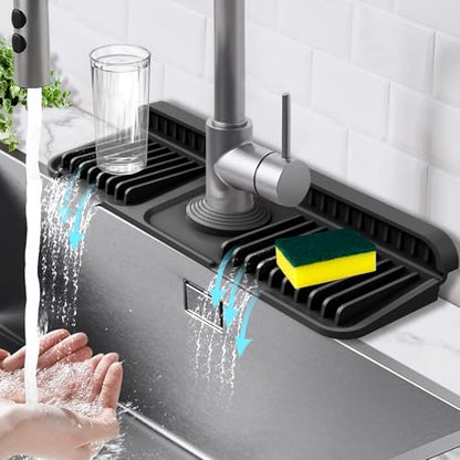 14.6-Inch Kitchen Sink Splash Guard Mat | 7° Slope for Fast Self-Draining | Snap-Lock Design | Universal & Cuttable Silicone Faucet Mat BLACK - color: Black, size: 14.6" x 5.5"