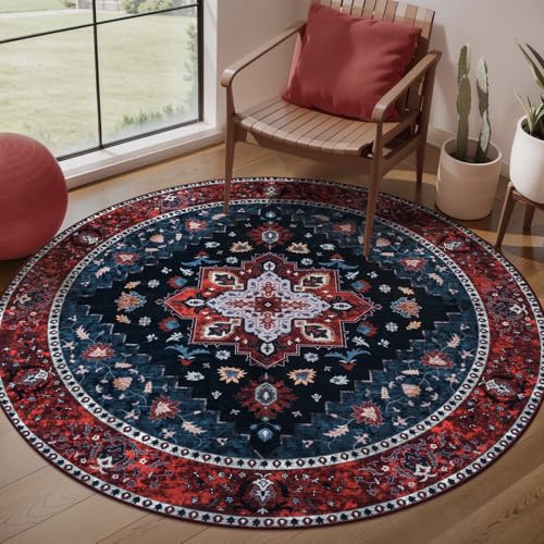 Ciicool 4ft Round Boho Area Rug,Washable Circle Rugs for Bedroom Bedside,Non-Slip Vintage Entryway Throw Low-Pile Indoor Carpet for Living Room Dining Room Kitchen - color: Dark Blue/Red, size: 4' (Round)