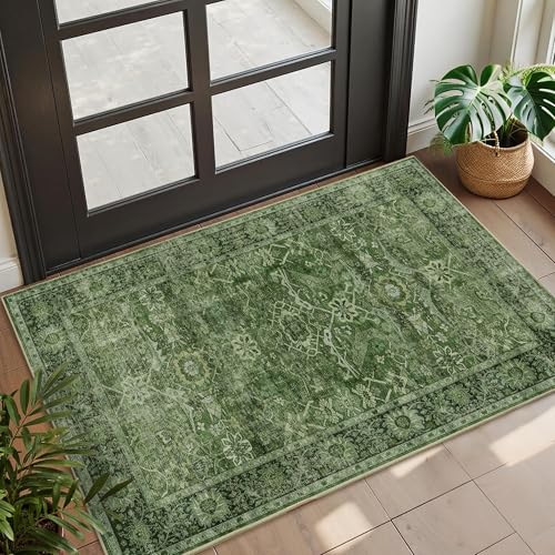 2x3 Entryway Rug Green Washable Vintage Rugs for Entryway Kitchen | Kitchen Rugs Low Pile Non-Slip Door Mat Traditional Distressed Small Throw Area Rugs for Kitchen Entrance Bathroom - color: Green, size: 2'*3'(Rectangular)
