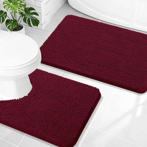 OLANLY Bathroom Rugs Sets 2 Piece, Soft Absorbent Chenille Bath Mats and U-Shaped Contour Toilet Mat Area Rug Set, Machine Washable Bath Carpet, Home Decor Accessories(30"x20"+24"x20", Burgundy) - color: Burgundy, size: 30" X 20" + U24" X 20"