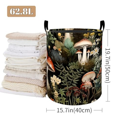 Forest Mushroom Laundry Basket, Flower Design Foldable Oxford Cloth, Waterproof Dirty Clothes Hamper with Handles, Clothing Storage Bucket Toy Organizer for Bathroom Bedroom Dorm, 19.7"x15.7" - style: Mushroom 02