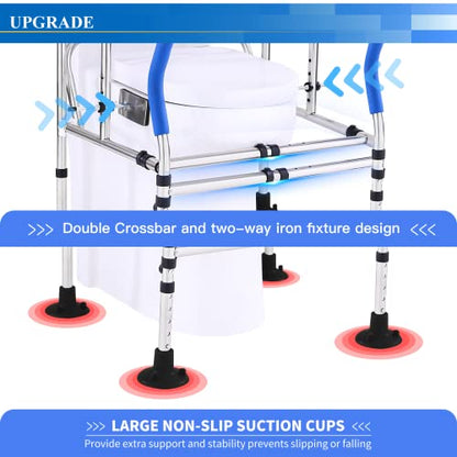 Toilet Safety Rail Frame, Heavy Duty Stand Alone Toilet Rail with Handles for Elderly Handicap, Adjustable Height & Width, Double Crossbar & Suction Cups, 330lbs Capacity, Fits Most Toilets