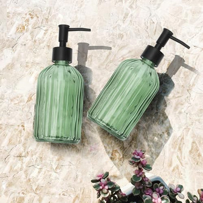 Glass Soap Dispenser with Plastic Pump, Hand Soap Dispenser for Hand Wash, Lotion Dispenser for Dishwashing Liquid, Lotion Shower Gel (Green) - color: Striped Green