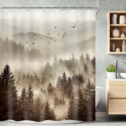 Foggy Mountain Nature Rustic Woodland Scenery Bathroom Shower Curtain Set | 60"W x 72"L shower curtain， Tree Alpine: HD waterproof print, quick-dry cloth, free hooks for easy installation. - color: A-05brown, size: 60"W x 72"L (Pack of 1)