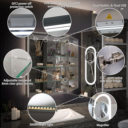 Luxury LED Lighted Medicine Cabinet with Mirror Dimmable, Defogging, 24 inch Commercial Medicine Cabinet, Outlets for Apartments, Hotel, Right Hinge - size: 24"W x 36"H Right