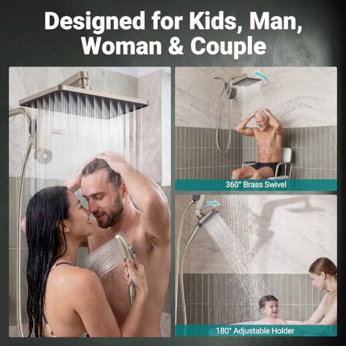 12" XXL Rainfall Shower Head with Handheld Combo Set, Nickel Brushed | High Pressure, Magnetic Docking, Air-Infusion Tech, Anti-Leak One-Piece Design, Dual Square Showerhead - color: Nickel Brushed