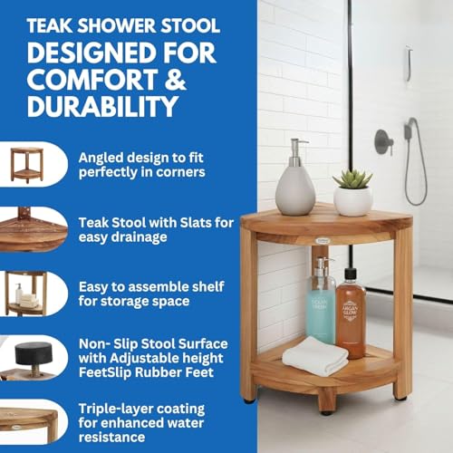 EcoDecors 18" Teak Corner Shower Bench with Shelf, Fully Assembled | Crafted from solid teak wood with natural water resistance for long-lasting durability in wet environments. - size: 2 tier Fully Assembled