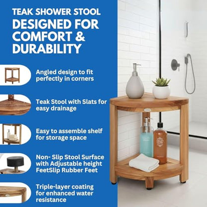 EcoDecors 18" Teak Corner Shower Bench with Shelf, Fully Assembled | Crafted from solid teak wood with natural water resistance for long-lasting durability in wet environments. - size: 2 tier Fully Assembled