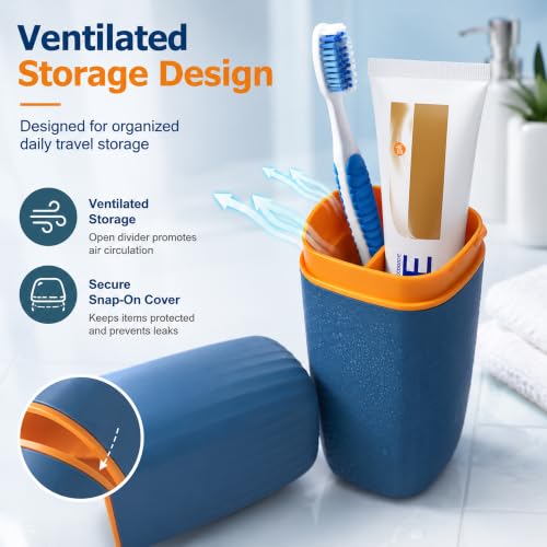 Portable Toothbrush Travel Case, 2 in 1 Holder & Rinse Cup with Cover | Portable Large Capacity Holds Toothbrush Toothpaste Comb for Travel Camping - color: Blue