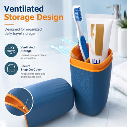 Portable Toothbrush Travel Case, 2 in 1 Holder & Rinse Cup with Cover | Portable Large Capacity Holds Toothbrush Toothpaste Comb for Travel Camping - color: Blue