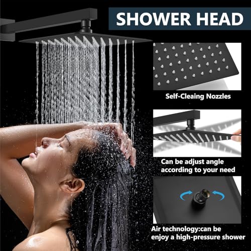 Aolemi Shower Faucet Set with Handheld Matte Black 12 Inch Head | Pressure Balance Shower Valve and Trim Kit,SUS304 Rain Head and Handle System,All Metal,Wall Mount,Bathroom,Handheld Spray - color: Black, size: 12 Inch Wall Mount Shower Head