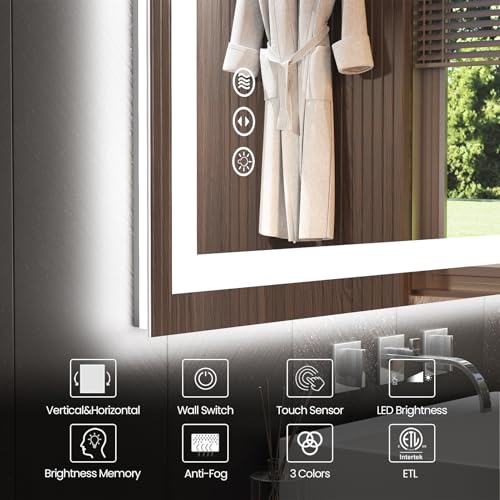 Snowdool 48 x 32 in LED Bathroom Mirror, Front and Backlit, Anti-Fog | Front and Backlit, 3 Color Temperatures, Anti-Fog, Tempered Glass - size: 32"L x 48"W