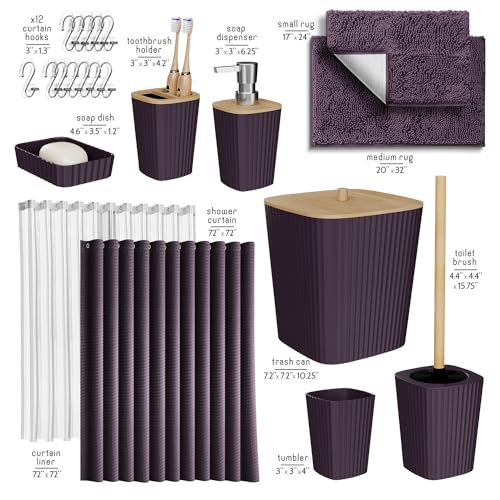 Clara Clark Purple Bathroom Set, Bathroom Sets with Shower Curtain and Rugs | 22 Piece Bathroom Accessories Set with Toothbrush Holder, Soap Dispenser, Soap Dish, Toilet Brush, and Bathroom Trash Can - color: Purple, size: Complete Set + Bath Rugs