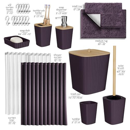 Clara Clark Purple Bathroom Set, Bathroom Sets with Shower Curtain and Rugs | 22 Piece Bathroom Accessories Set with Toothbrush Holder, Soap Dispenser, Soap Dish, Toilet Brush, and Bathroom Trash Can - color: Purple, size: Complete Set + Bath Rugs