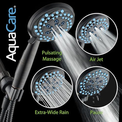 AquaCare New 8-mode High Pressure Handheld Shower Head w/ 2-way Power Wash | Stay Clean Nozzles, Dual Power Wash for Tub, Tile & Pets, Long 6 ft. Stainless Steel Hose, Wall & Overhead Brackets / Bronze - color: Bronze