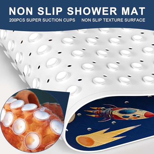 Baby Bath Mat for Tub Non Slip Kids, BPA Free Extra Long Bathtub Mat 40x16 with Drain Holes and 200 Suction Cups, Non Toxic Machine Washable Toddler Bath Mat, Eco-Friendly Certified - color: Blue Planet
