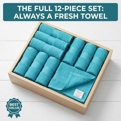 Sofea 100% Cotton Washcloths Set of 12, (12 x 12 Inch) 520 GSM Wash Cloths, Extra Soft Absorbent Quick Dry Face Towels - color: Aqua Green