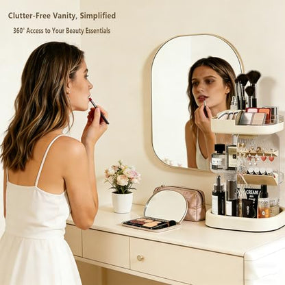360 Spinning Rotating Makeup Organizer for Vanity with Adjustable Trays Lipstick Earring Storage Makeup Desk Storage Carousel Rack, Cosmetic Display Cases for Dresser Bathroom Holder (Cream)