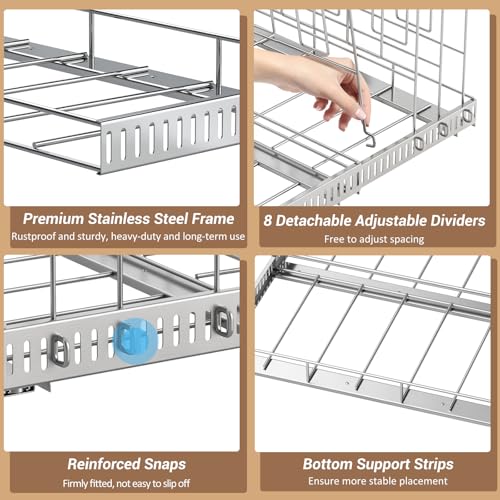 Housolution Pull Out Baking Tray and Cookie Sheet Cutting Board Organizer | 13"-22" Expandable, 21.5" Deep, 8 Adjustable Dividers, Slide Rail Design, Stainless Steel Structure, Adhesive/Screw Fixing - color: Silver, 8 Dividers, size: Large