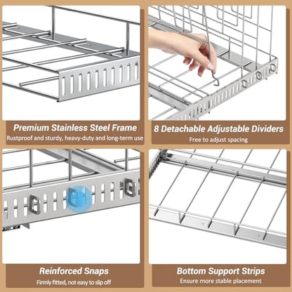 Housolution Pull Out Baking Tray and Cookie Sheet Cutting Board Organizer | 13"-22" Expandable, 21.5" Deep, 8 Adjustable Dividers, Slide Rail Design, Stainless Steel Structure, Adhesive/Screw Fixing - color: Silver, 8 Dividers, size: Large