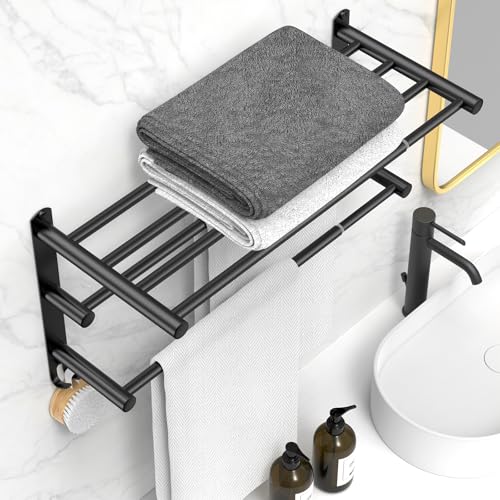 CAXIMSY Black Adjustable Towel Bar for Bathroom Wall Mount17-30.7inch Adhesive Shower Towel Rack Stainless Steel Bath Towel Holders for Toilet Kitchen Double Towel Hanger (Black 3-Layer Towel Rack)