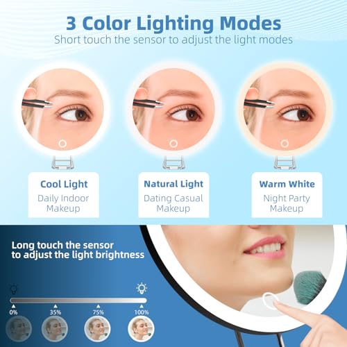 30x Magnifying Mirror With Light, Large 6" Rechargeable Lighted With Suction Cups & Table Stand, 3 Color Modes Dimmable Light up Travel Makeup High Magnification - color: 30x -Black