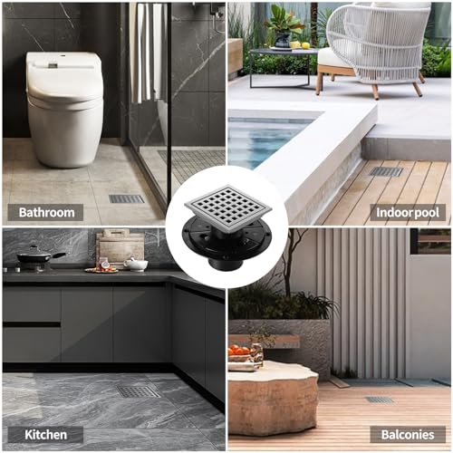 Shower Drain, Chrome 4 inch Square Shower Floor Drain with Flange, Silver Removeable Grid Panel SUS 304 Stainless Steel Square Shower Drain - color: Chrome, size: 4 inch