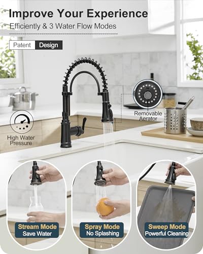 3 Modes Bronze Kitchen Faucet with Pull Down Sprayer, Single Hole Kitchen Sink Faucet 3 Hole, Stainless Steel High Arc Spring Style, 360 Degree Swivel with One Handle & Deck Plate for Farmhouse - color: Oil Rubbed Bronze - Antique