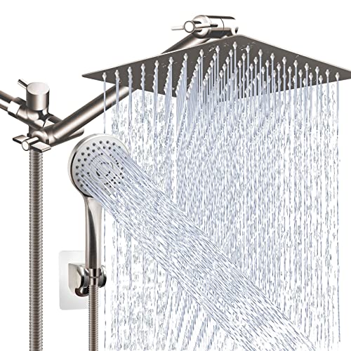 Shower Head Combo,10" Brushed Nickel High Pressure with 11" Extension Arm | Rain Shower Head with 5 Settings Handheld Shower Head Combo,Powerful Shower Spray Against Low Pressure Water - color: Nickel, size: 10" Showerhead Set