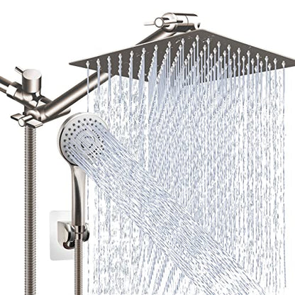 Shower Head Combo,10" Brushed Nickel High Pressure with 11" Extension Arm | Rain Shower Head with 5 Settings Handheld Shower Head Combo,Powerful Shower Spray Against Low Pressure Water - color: Nickel, size: 10" Showerhead Set