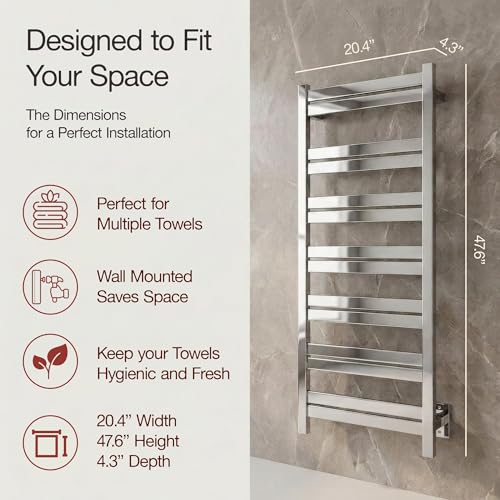 WarmlyYours Milan Heated Towel Rack, 14 Bars, Polished Steel | Wall-mounted hardwired electric towel warmer for spa-like comfort and luxury bathroom upgrade, dries multiple towels