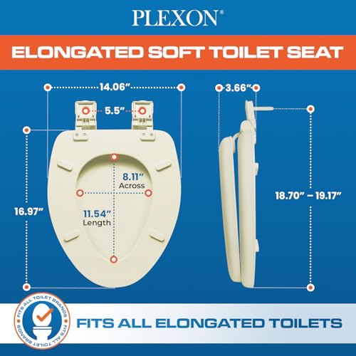 Plexon Soft Cushioned Toilet Seat, Elongated Bone, Slow-Close Lid & Seat, Quick-Release Hinge, Easy To Clean & Change - color: Bone, size: Elongated
