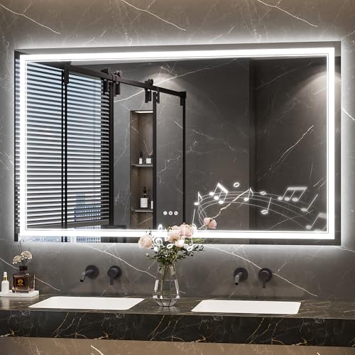 Keonjinn 60 x 36 Inch Lighted Mirrors for Bathroom Wall, Bluetooth Speaker | Frontlit & Backlit LED Mirror for Bathroom, 3000K/4500K/6000K, HD Tempered Glass, Dimmable, Fast & Safe Defogging, CRI90+ - size: 36"L x 60"W
